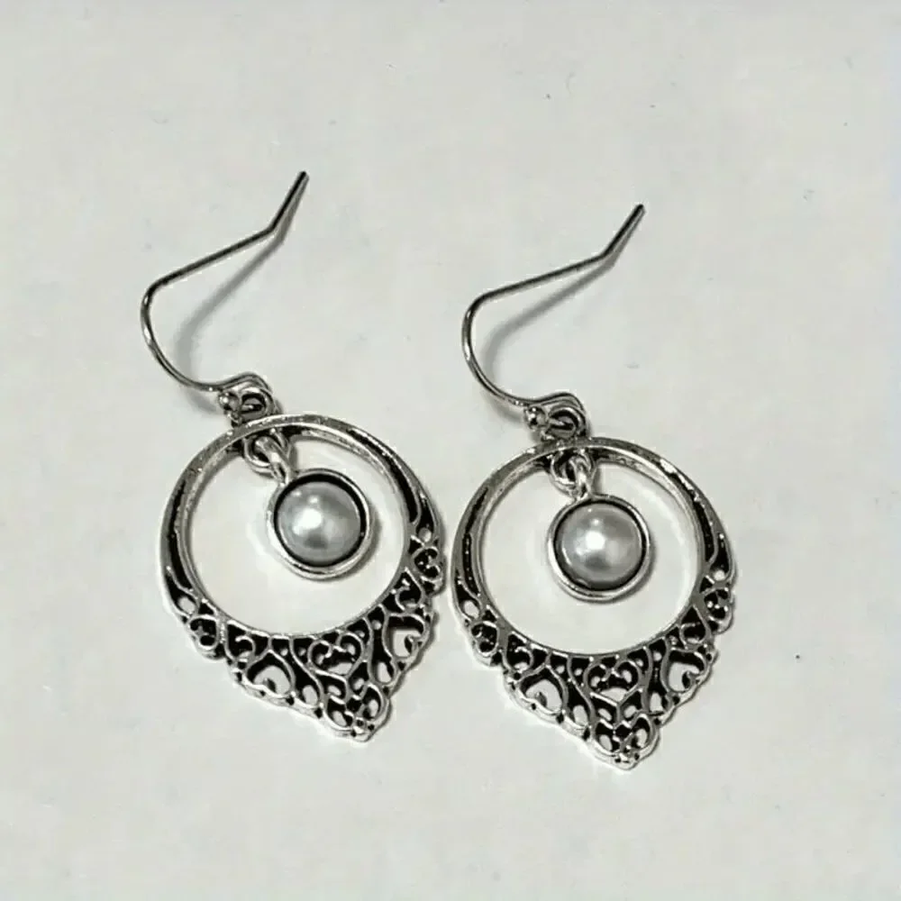 Silver Pearl Round Filigree Dangle Earrings